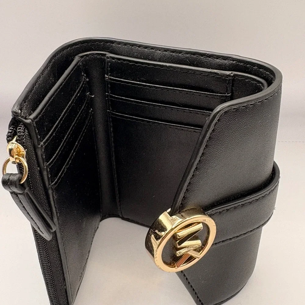 Michael Kors Black Leather Trifold Wallet Gold MK‎ Logo Medallion Snap Closure